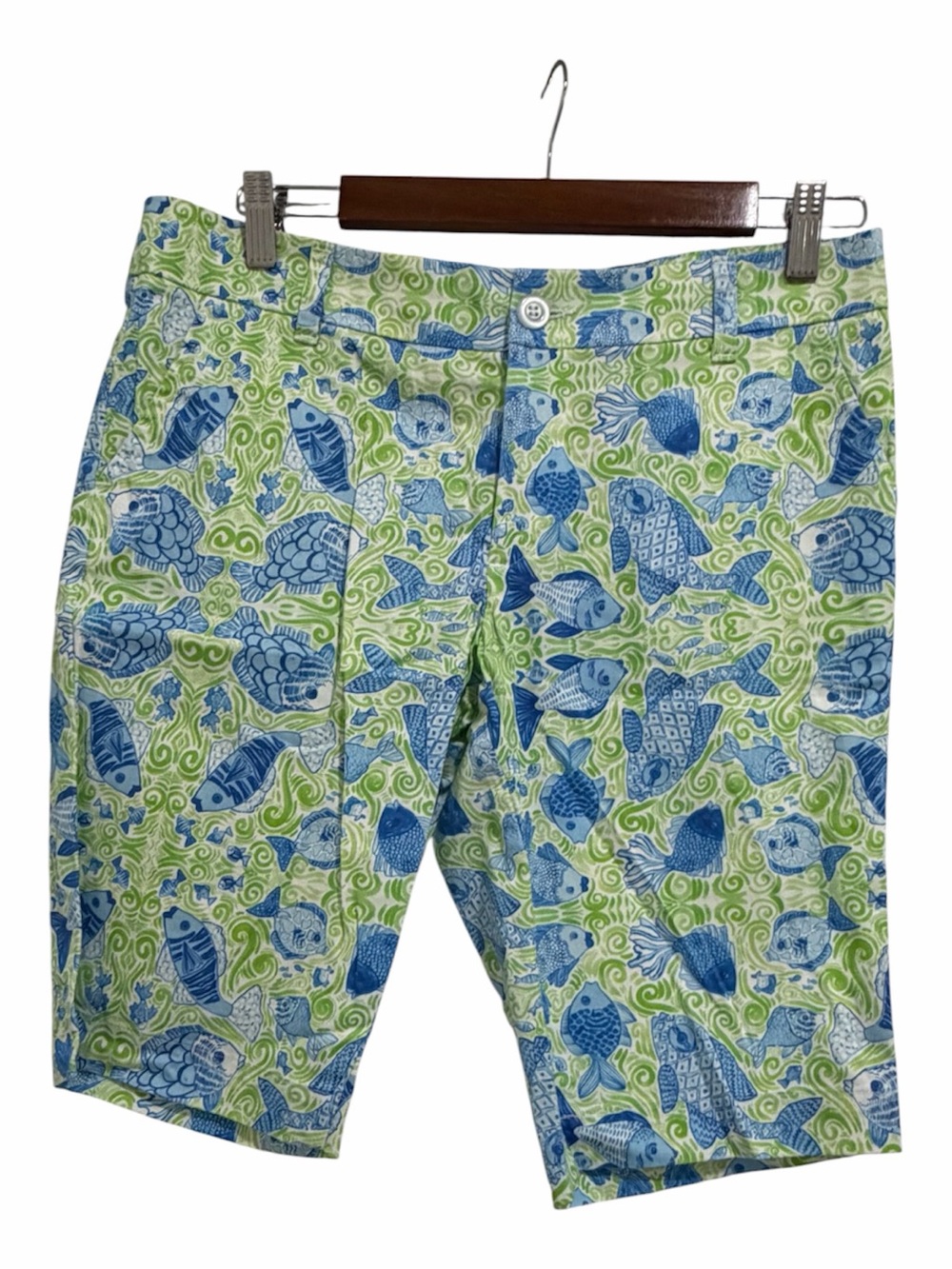 Kaeli Smith Women’s Shorts Blue & Green Fish-Print Flat Front size 6 vacation